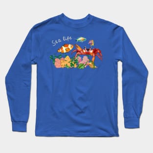 seabed with red crab, algae and fish Long Sleeve T-Shirt